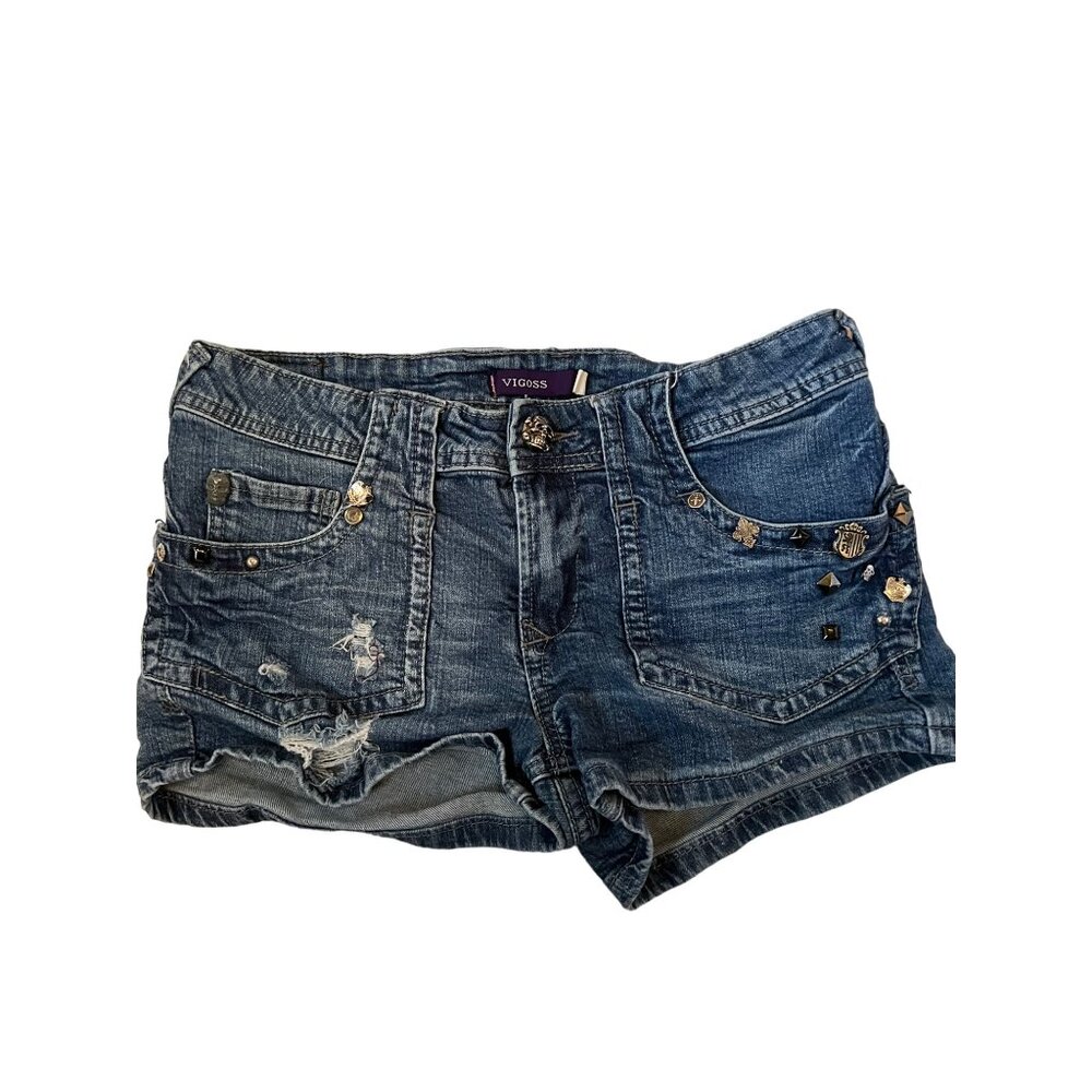 Vigoss Women's Denim Jean Shorts Distressed Detailing & Skull Buttons Size S Y2K